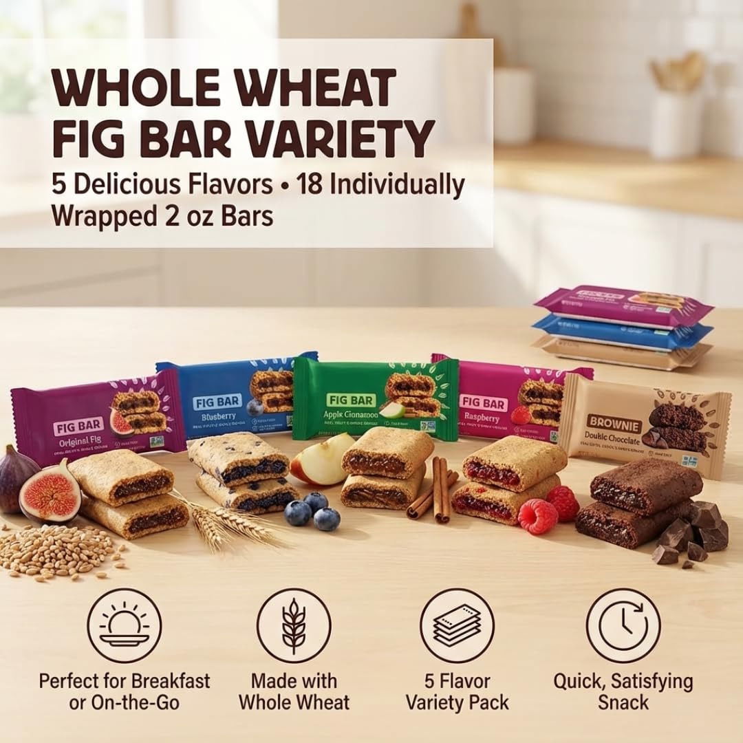 Avama Whole Wheat Fig Bars Variety Pack – 18 Bars, 6 Flavors, 2 oz Each