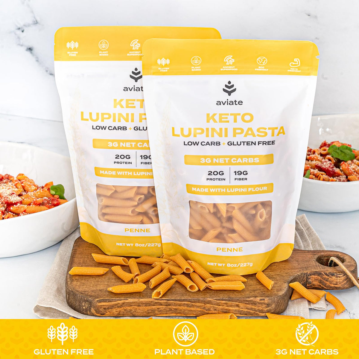 Aviate Keto Pasta Penne – Lupini Flour, 3g Net Carbs, 20g Protein, Gluten-Free (Pack of 3, 8oz)