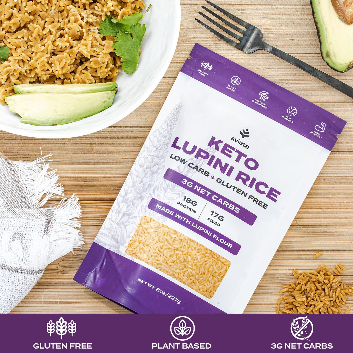 Aviate Keto Rice Orzo – Lupini Flour, 3g Net Carbs, 18g Protein, Gluten-Free, Vegan, Pack of 3