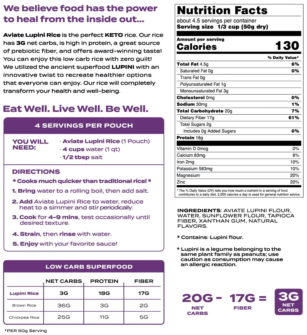 Aviate Keto Rice Orzo – Lupini Flour, 3g Net Carbs, 18g Protein, Gluten-Free, Vegan, Pack of 3