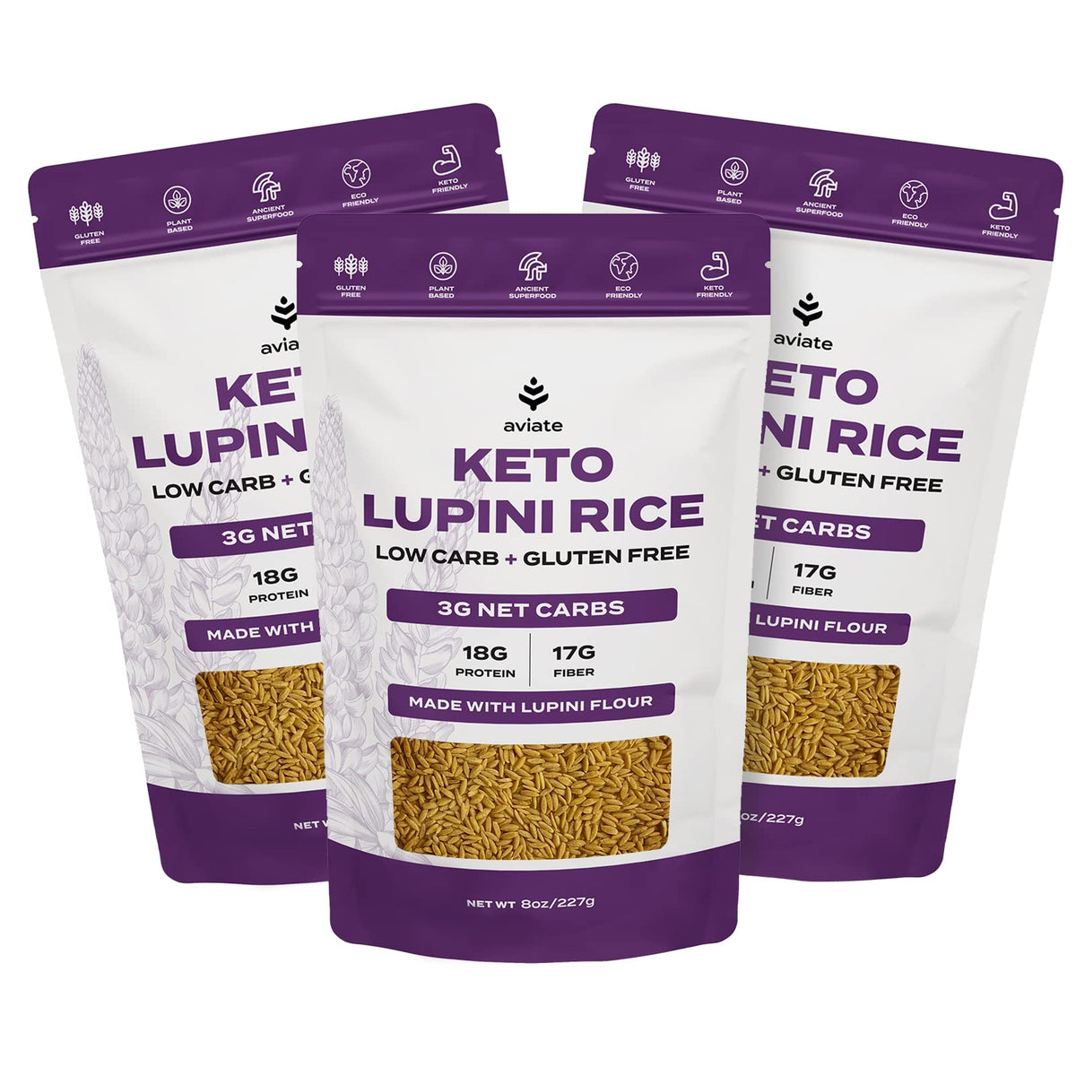 Aviate Keto Rice Orzo – Lupini Flour, 3g Net Carbs, 18g Protein, Gluten-Free, Vegan, Pack of 3
