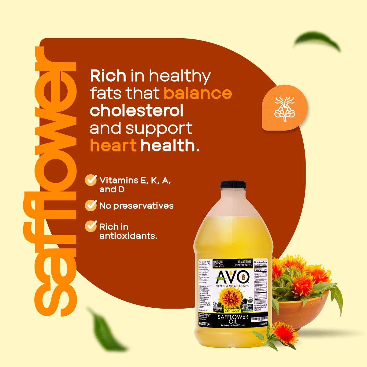 AVO Organic Safflower Oil – High-Heat, 64 oz, Non-GMO, USA Made