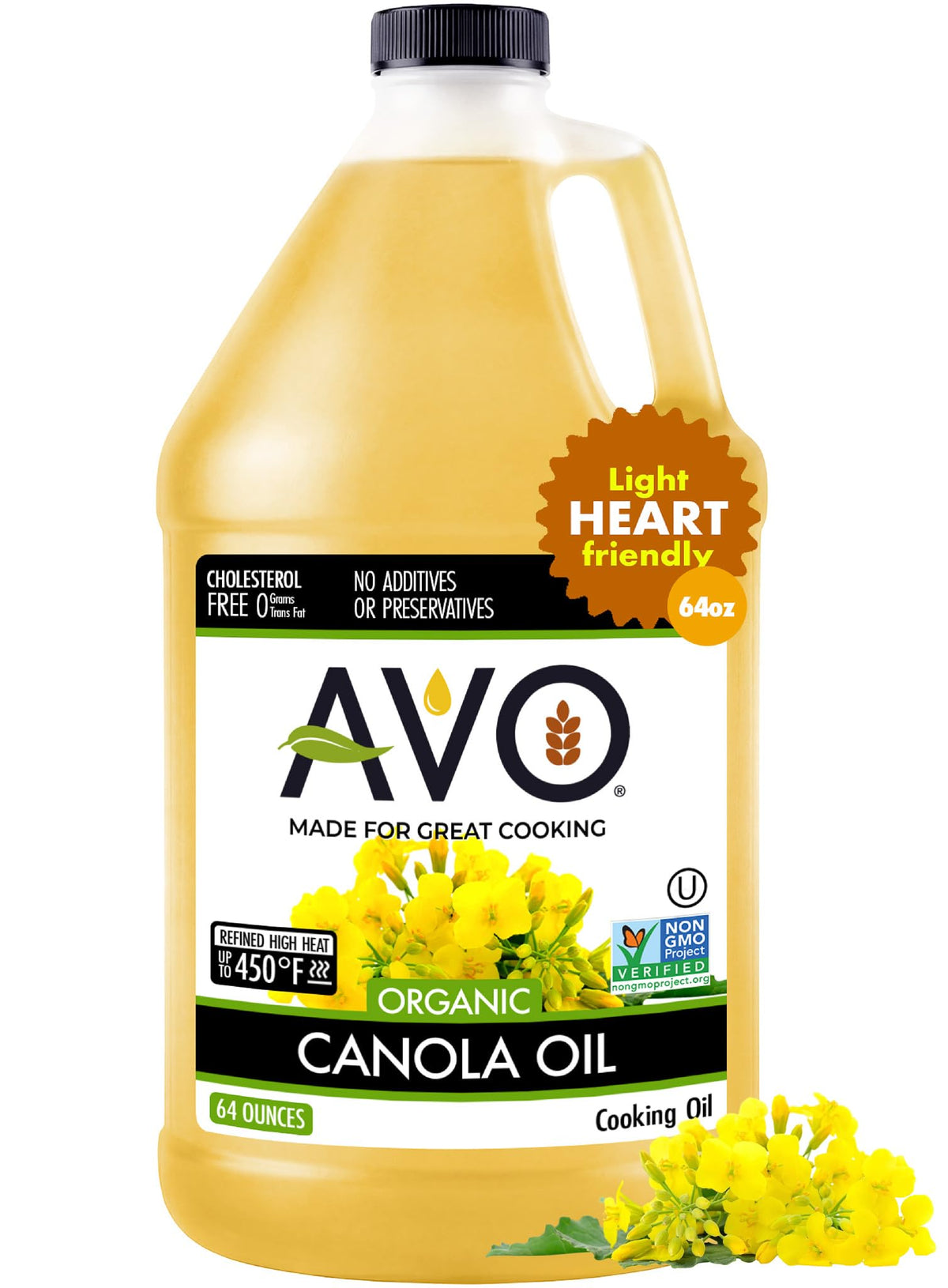 AVO Organic Canola Oil – High Smoke Point 465°F, 64 oz, No Preservatives, Made in USA