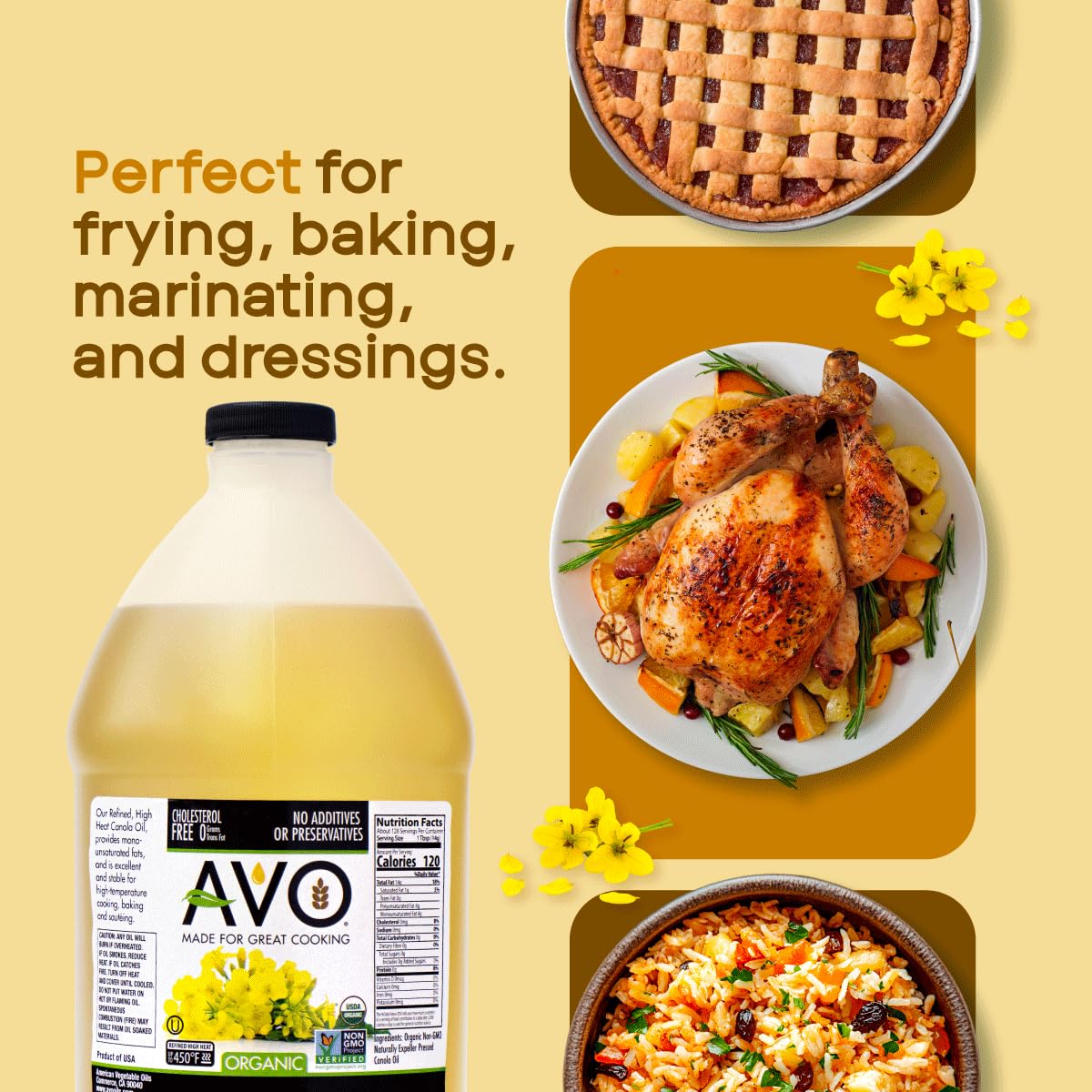 AVO Organic Canola Oil – High Smoke Point 465°F, 64 oz, No Preservatives, Made in USA