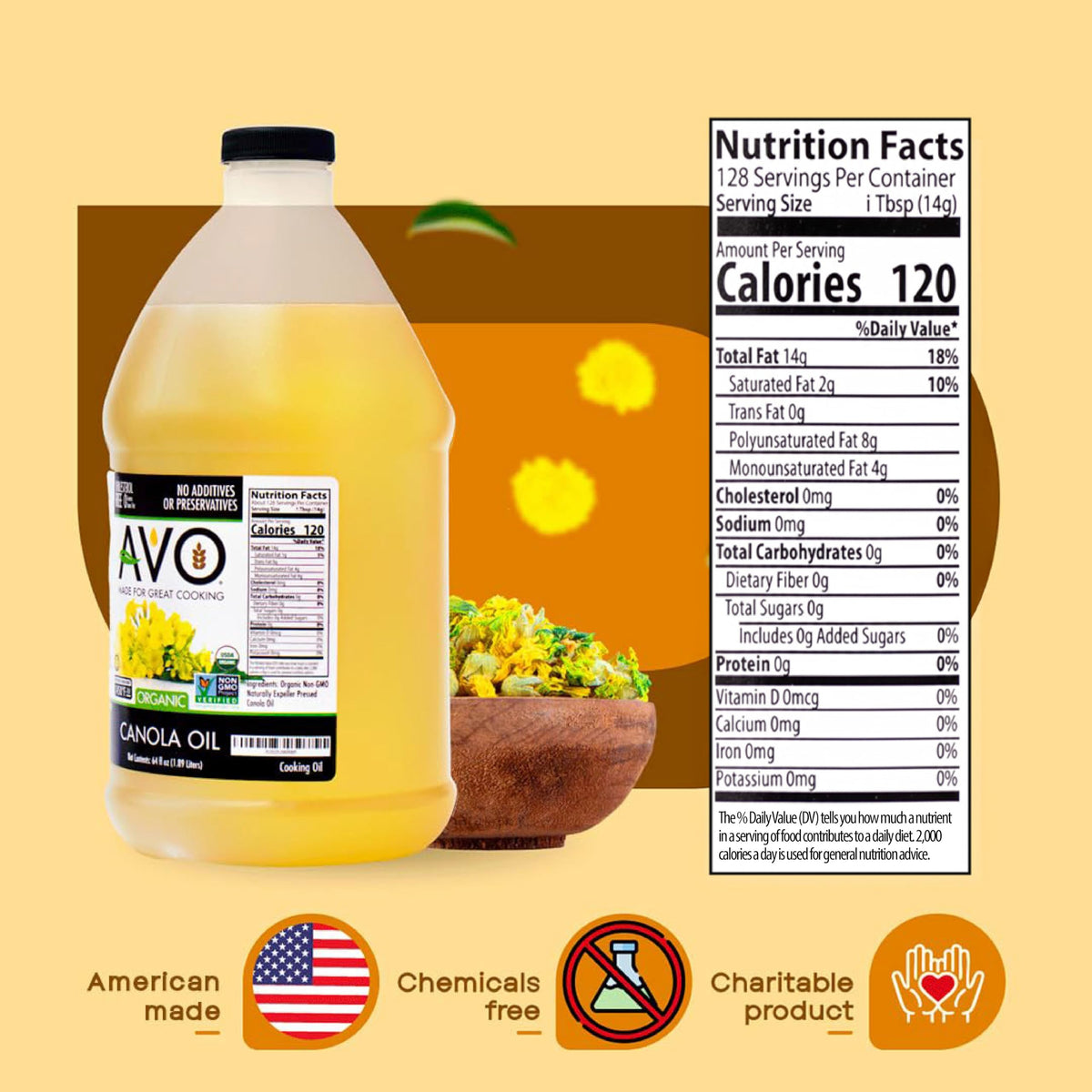 AVO Organic Canola Oil – High Smoke Point 465°F, 64 oz, No Preservatives, Made in USA