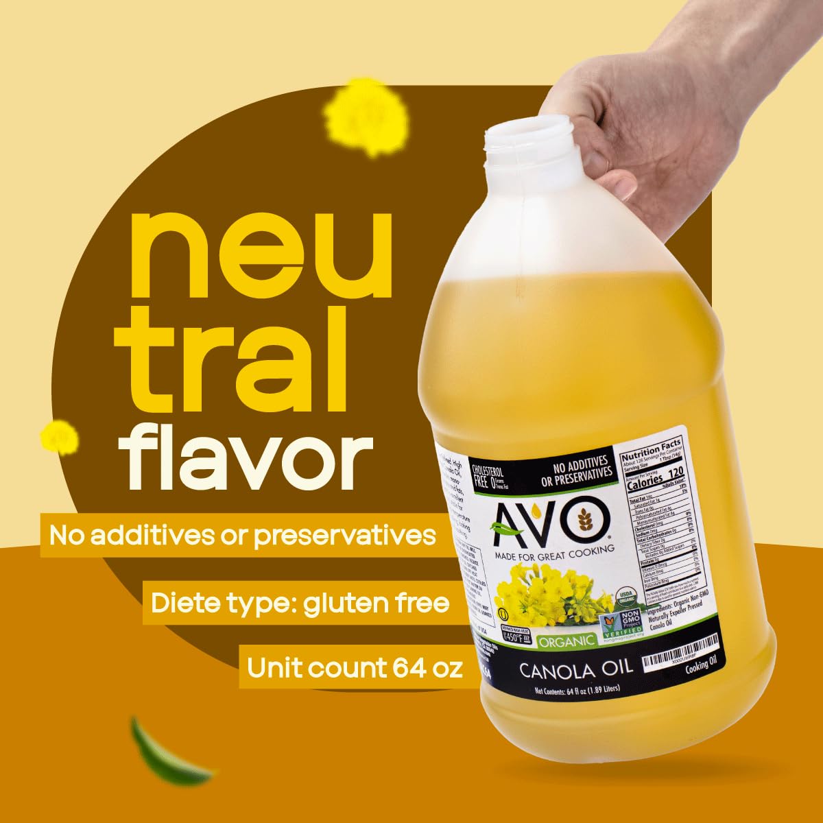 AVO Organic Canola Oil – High Smoke Point 465°F, 64 oz, No Preservatives, Made in USA