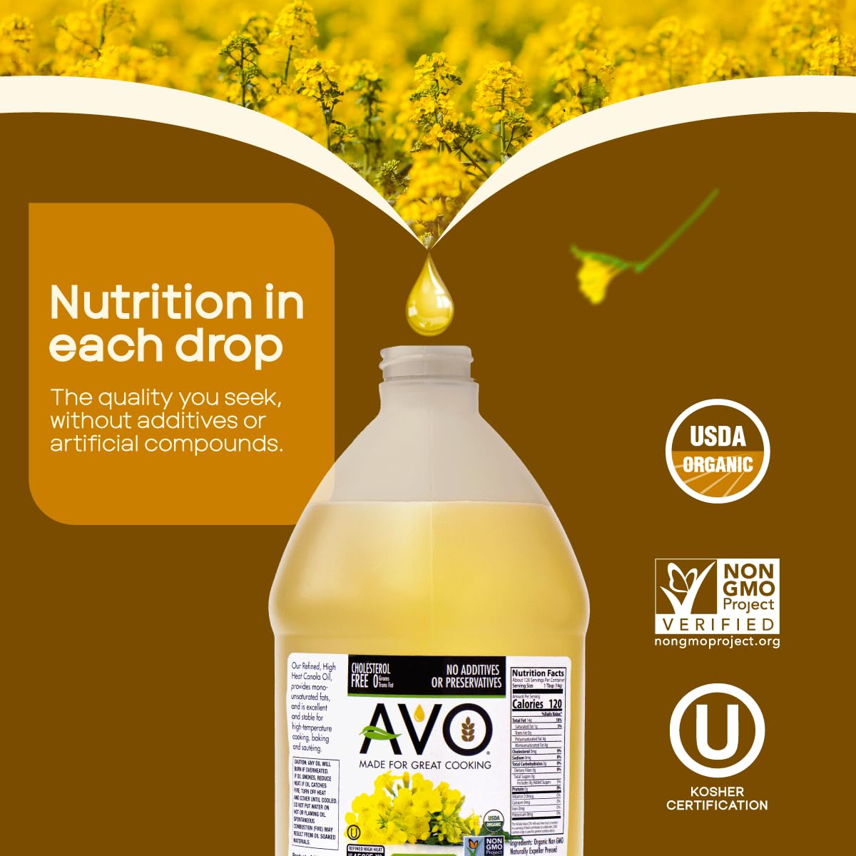 AVO Organic Canola Oil – High Smoke Point 465°F, 64 oz, No Preservatives, Made in USA