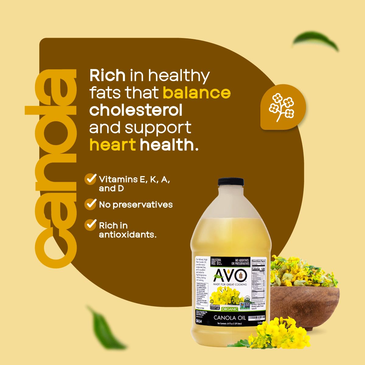AVO Organic Canola Oil – High Smoke Point 465°F, 64 oz, No Preservatives, Made in USA
