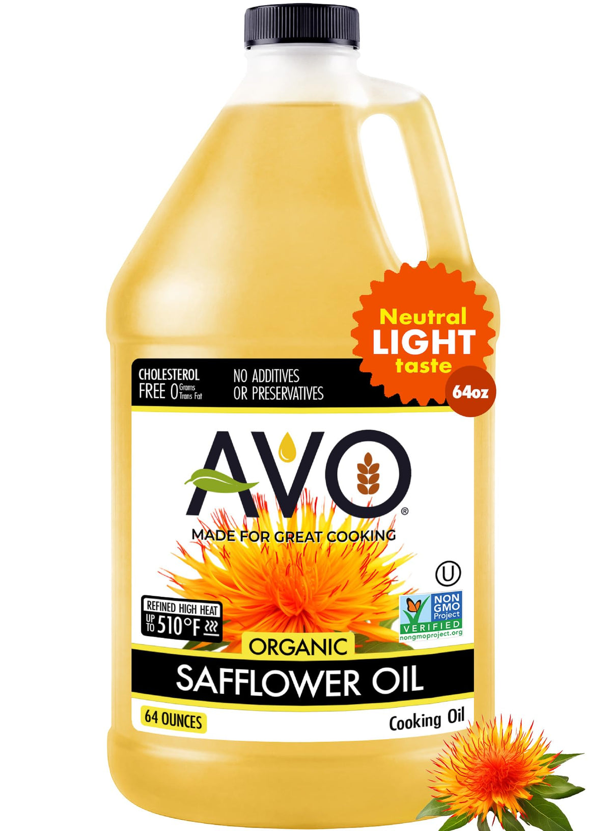 AVO Organic Safflower Oil – High-Heat, 64 oz, Non-GMO, USA Made