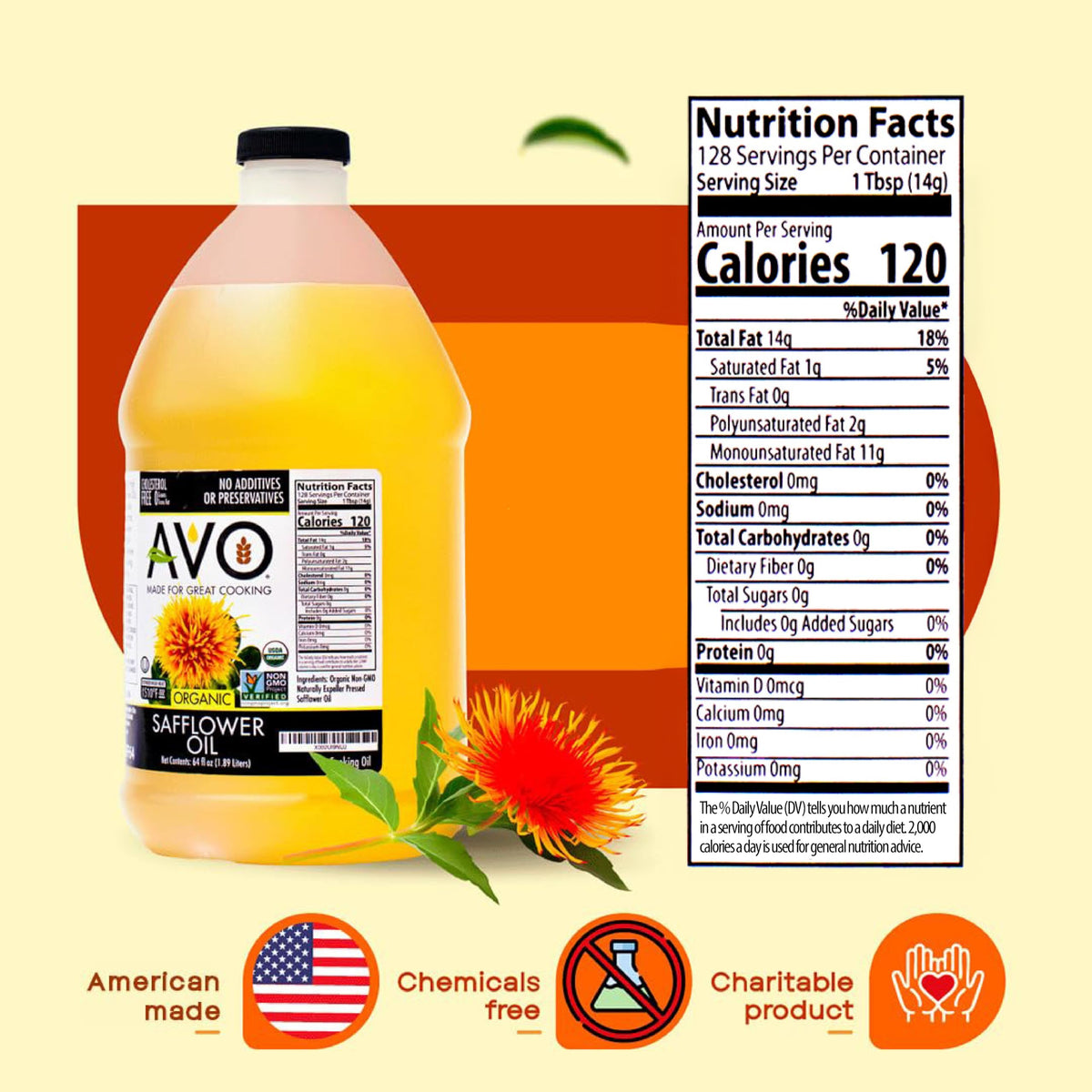AVO Organic Safflower Oil – High-Heat, 64 oz, Non-GMO, USA Made