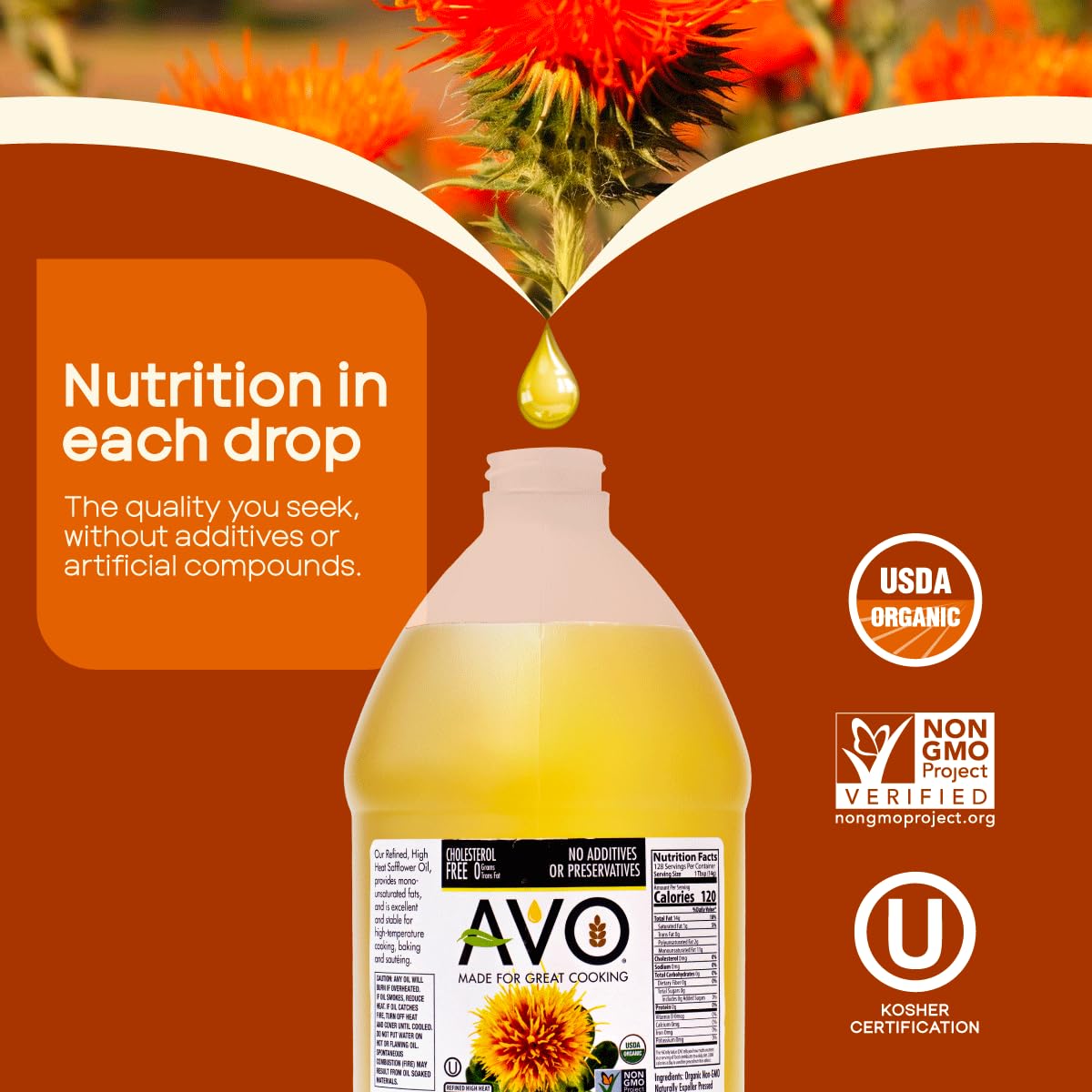 AVO Organic Safflower Oil – High-Heat, 64 oz, Non-GMO, USA Made