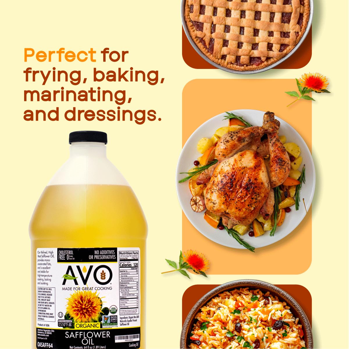 AVO Organic Safflower Oil – High-Heat, 64 oz, Non-GMO, USA Made