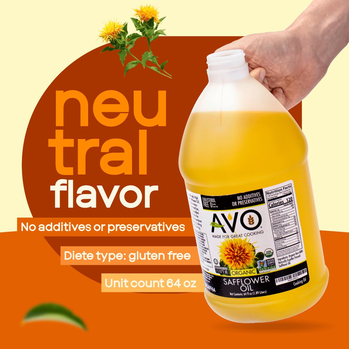 AVO Organic Safflower Oil – High-Heat, 64 oz, Non-GMO, USA Made