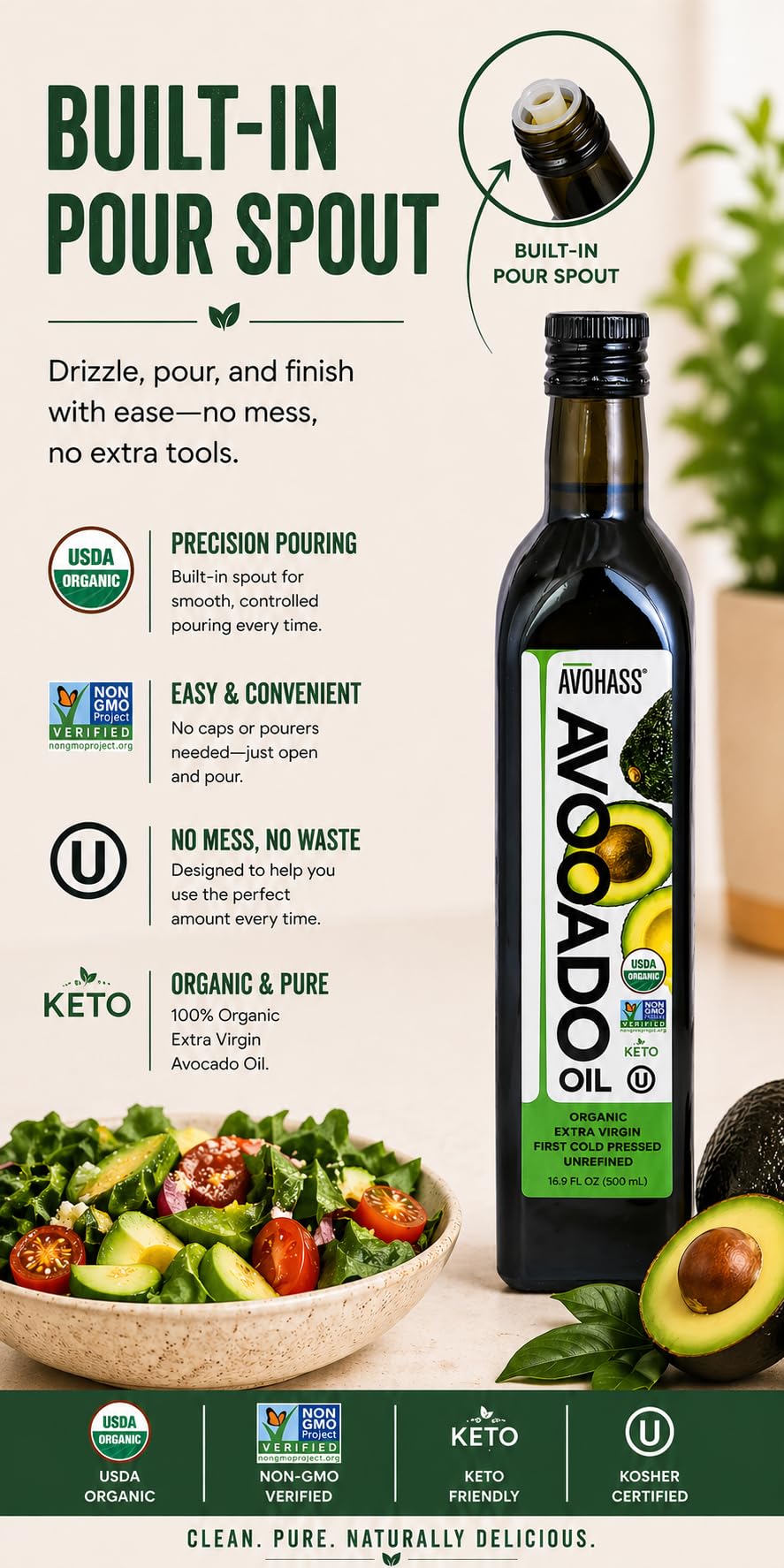 Avohass Organic Extra Virgin Avocado Oil 8.5 oz – First Cold Pressed, Mexico-Sourced