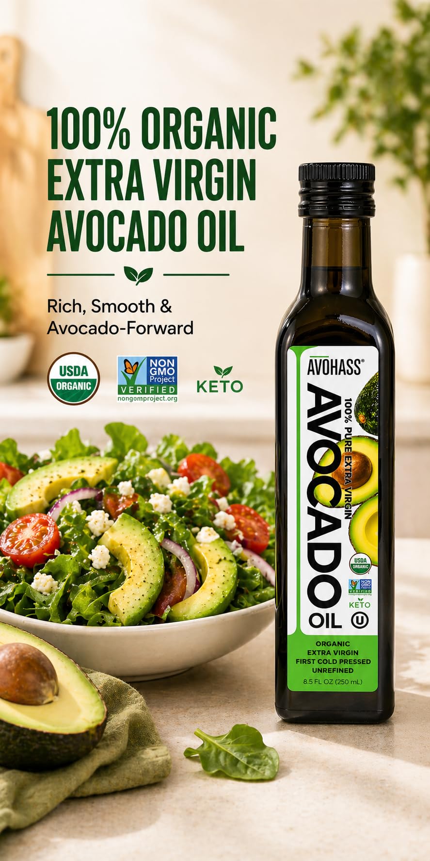 Avohass Organic Extra Virgin Avocado Oil 8.5 oz – First Cold Pressed, Mexico-Sourced