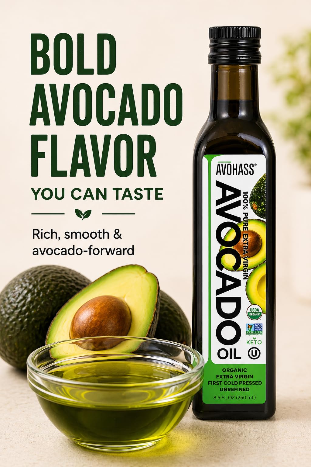 Avohass Organic Extra Virgin Avocado Oil 8.5 oz – First Cold Pressed, Mexico-Sourced