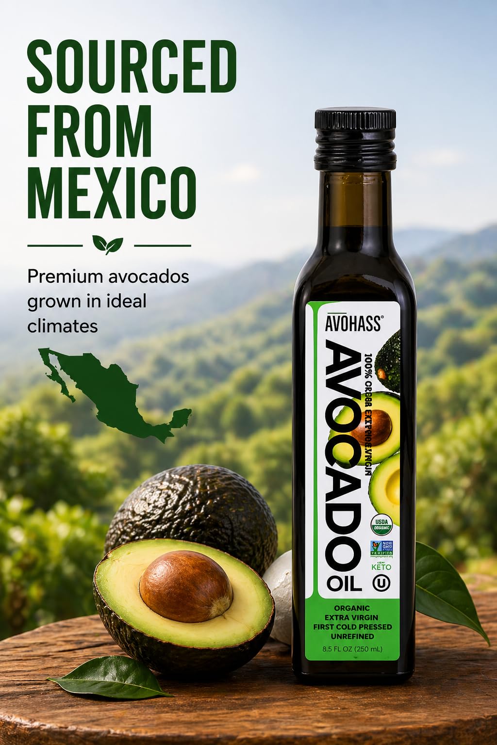 Avohass Organic Extra Virgin Avocado Oil 8.5 oz – First Cold Pressed, Mexico-Sourced
