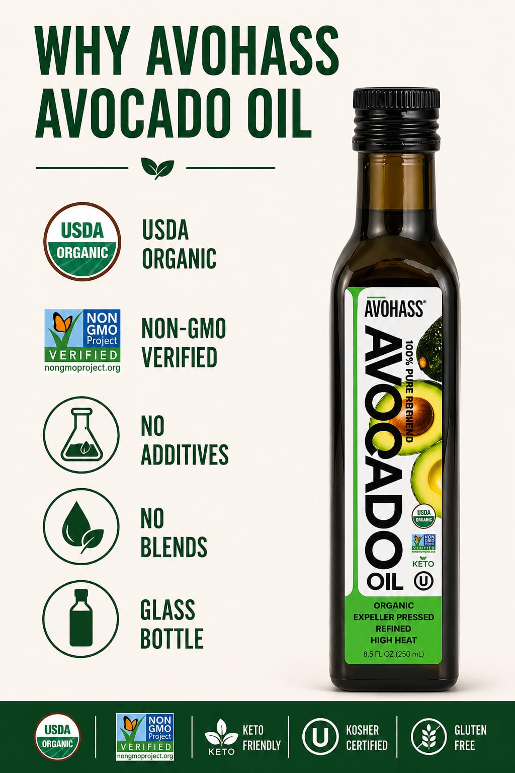 Avohass Organic Extra Virgin Avocado Oil 8.5 oz – First Cold Pressed, Mexico-Sourced