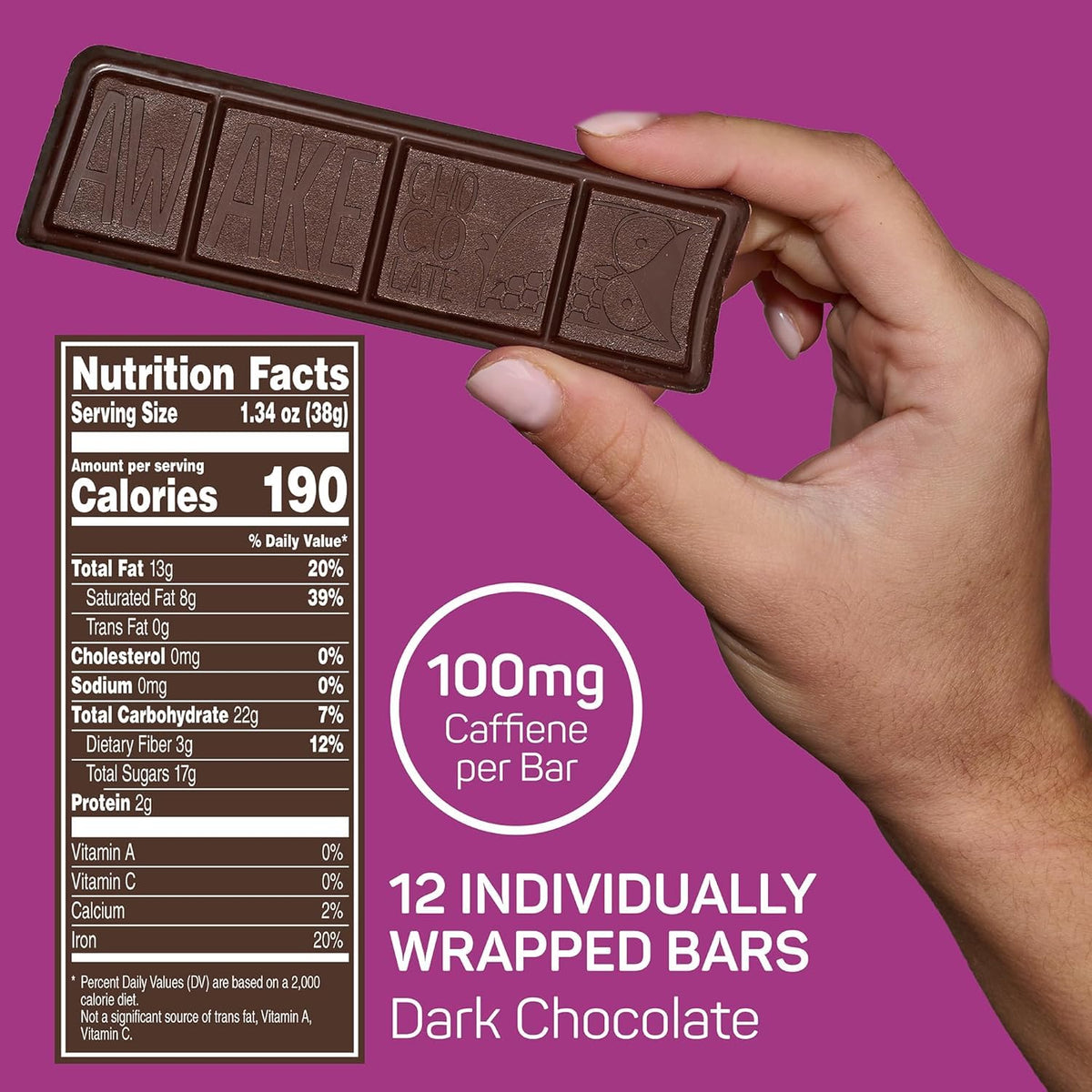 Awake Caffeinated Chocolate Bars – Dark Chocolate, 12 Bars | 100 mg Caffeine Each Bar | Fairtrade & Kosher