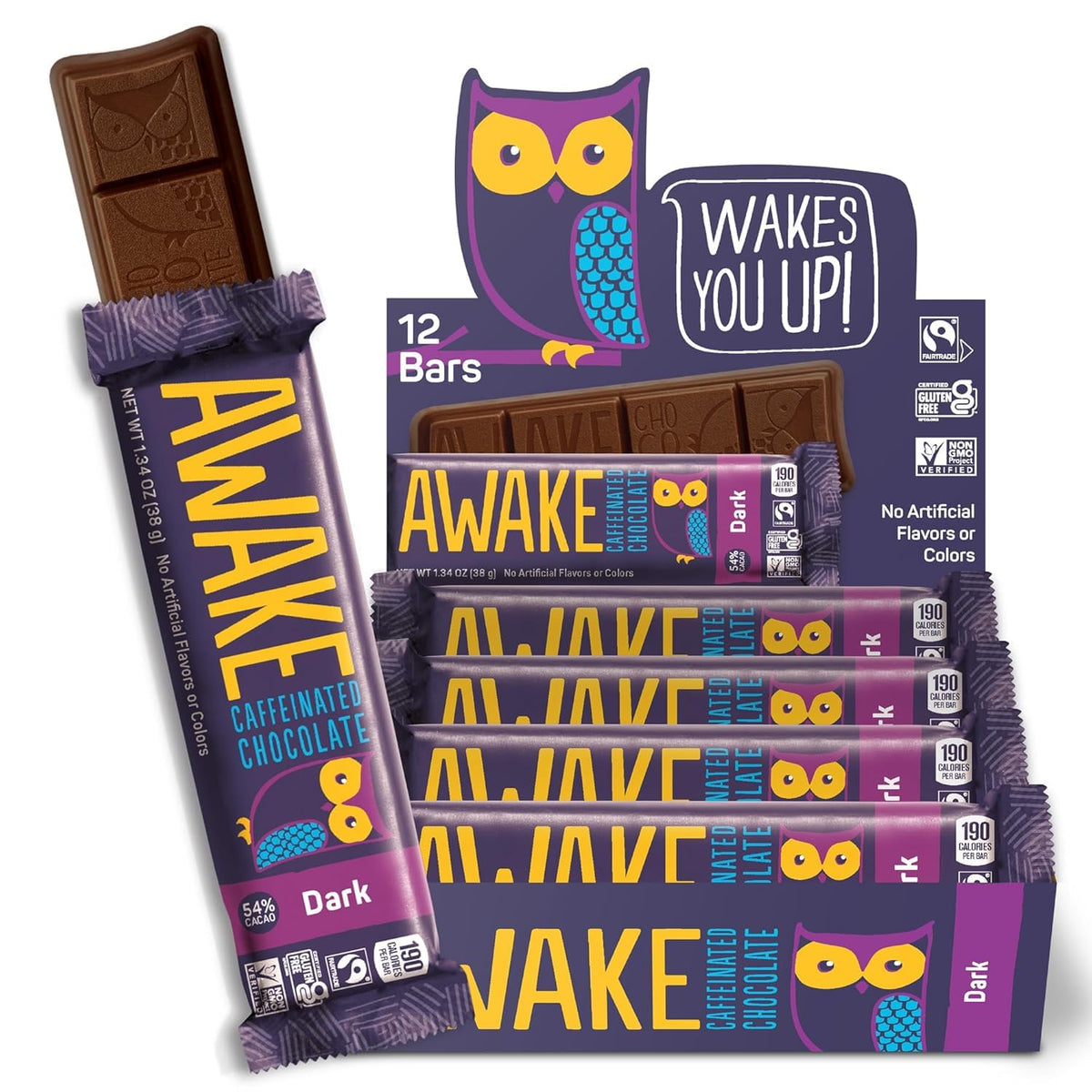 Awake Caffeinated Chocolate Bars – Dark Chocolate, 12 Bars | 100 mg Caffeine Each Bar | Fairtrade & Kosher