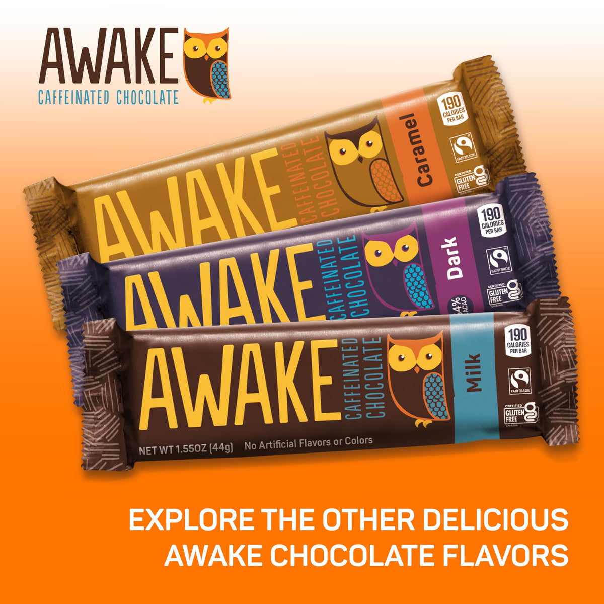 Awake Caffeinated Chocolate Bars – Dark Chocolate, 12 Bars | 100 mg Caffeine Each Bar | Fairtrade & Kosher