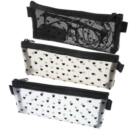 Axafazup 3Pcs Heart Print Mesh Makeup Bags, Nylon Zipper Pouch for Cosmetic Brush Organizer, Mini Lipstick Travel Purse, Portable Makeup Bag for Women, 3 Colors