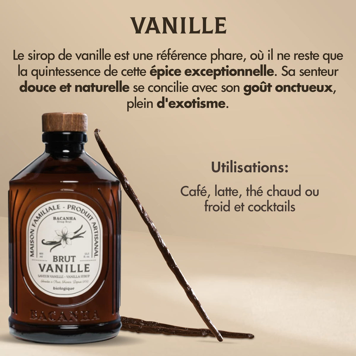 Bacanha Organic Raw Vanilla Syrup - Premium French Syrup for Coffee, Desserts & Cocktails | 400ml Glass Bottle