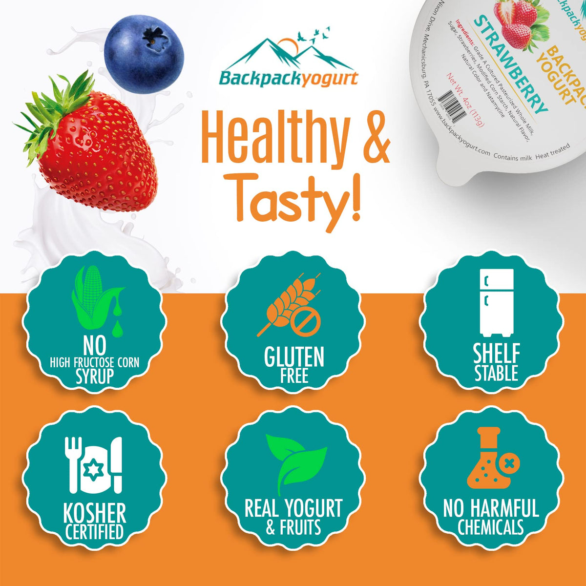 Backpack Yogurt Strawberry 4 oz. — Shelf-Stable Real Fruit Yogurt, Kosher, Gluten-Free, 48 Count