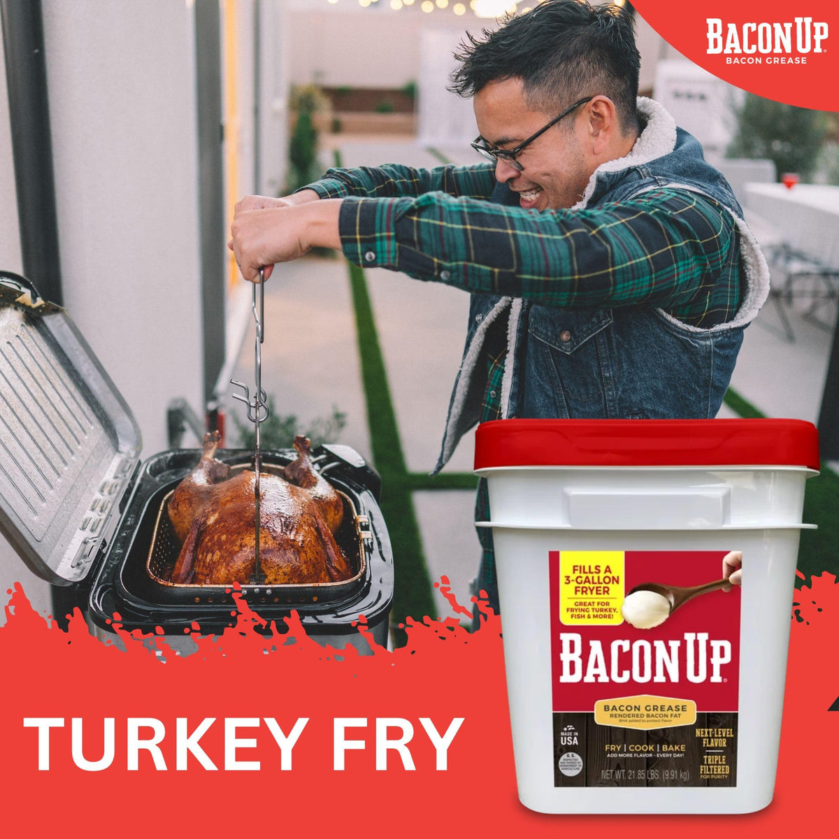 Bacon Up® Bacon Grease for Cooking – 21.85 lb Tub for Turkey Frying & Grilling