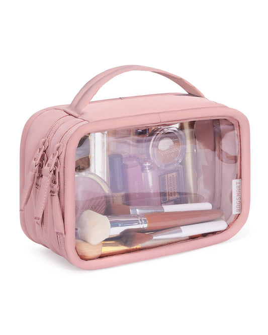 BAGSMART Double Layer Clear Makeup Bag, TSA-Approved Toiletry Bag, Large Opening with Handle, Cute Water-Resistant Travel Cosmetic Bag with Double Zipper for Car Essentials(Pink)
