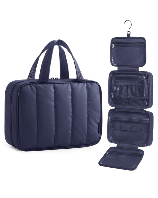 BAGSMART Travel Toiletry Bag for women, Portable Hanging Hook Makeup Bag Organizer, Waterproof Makeup Cosmetic Bag, for Full-Size Accessories, Toiletries,Navy Blue