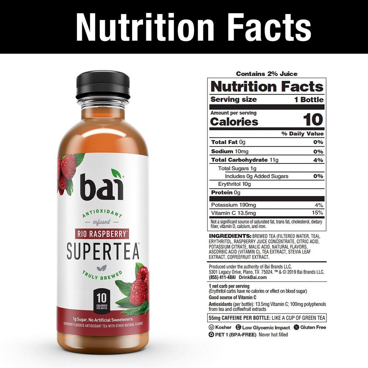 Rio Raspberry Bai Iced Tea – Antioxidant Infused Real Tea, 18 oz (Pack of 12)