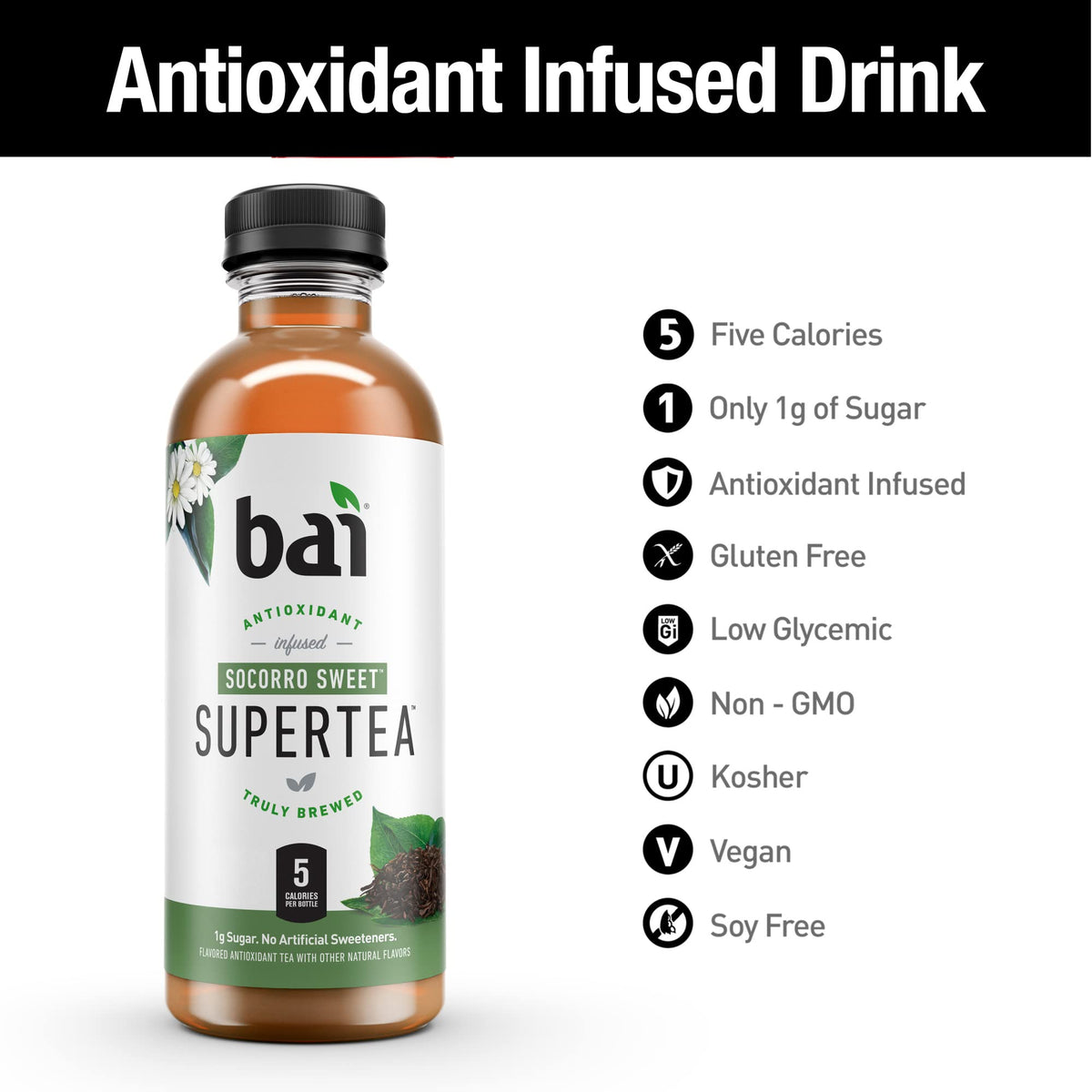 Bai Iced Tea Socorro Sweet – Antioxidant Infused Black & White Tea (18oz, 12 Pack)