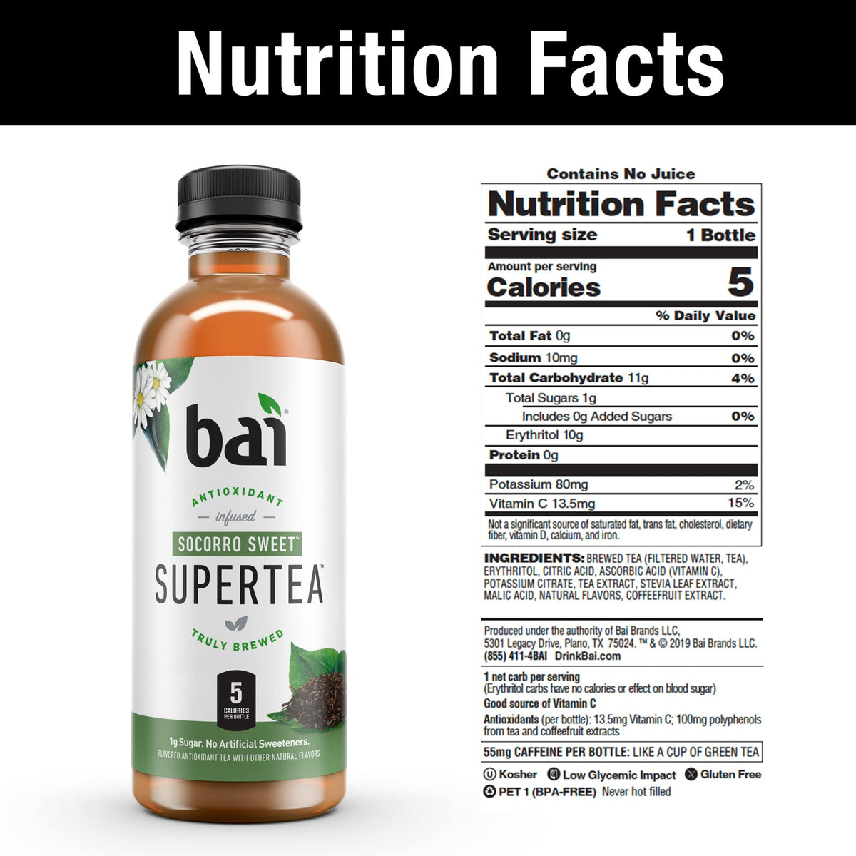 Bai Iced Tea Socorro Sweet – Antioxidant Infused Black & White Tea (18oz, 12 Pack)