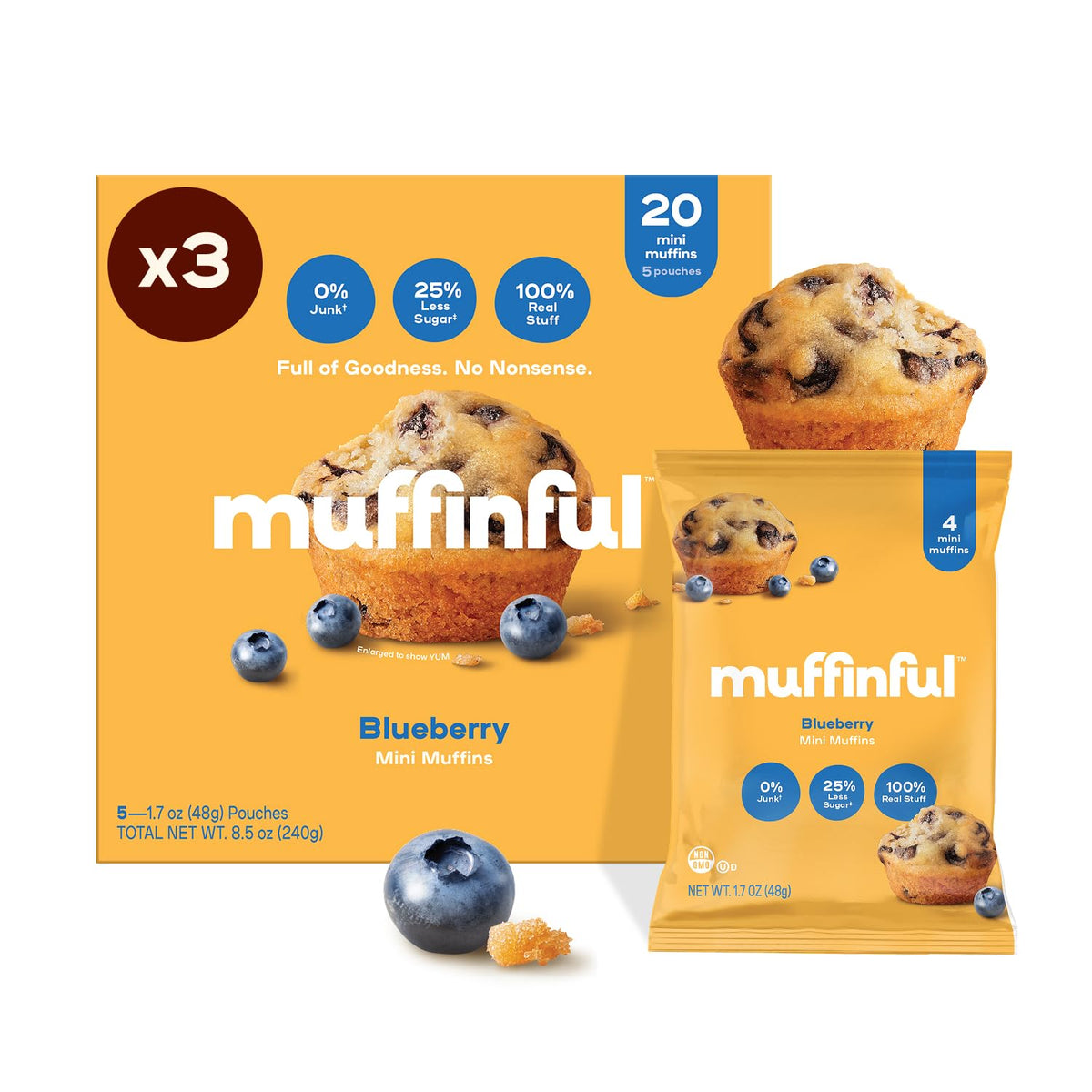 Bakeful Muffinful Triple Blueberry Mini Muffins – 60 Individually Wrapped, Less Sugar, No Artificial Additives