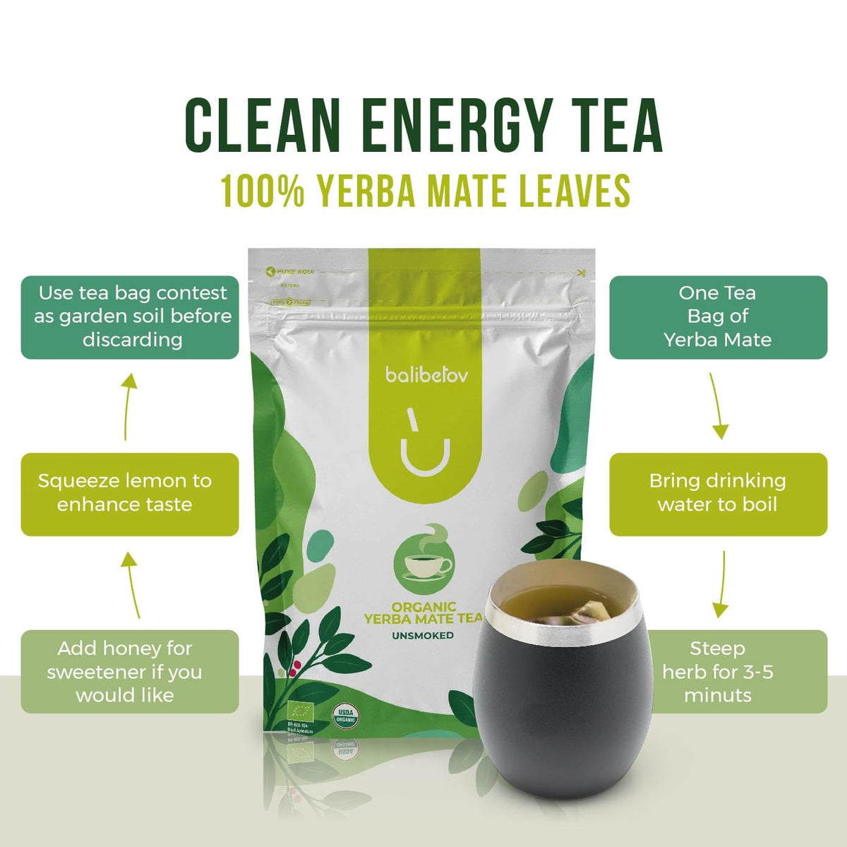 BALIBETOV Organic Unsmoked Yerba Mate Tea Bags – 100 Count, Clean Natural Energy, Gluten-Free & Vegan