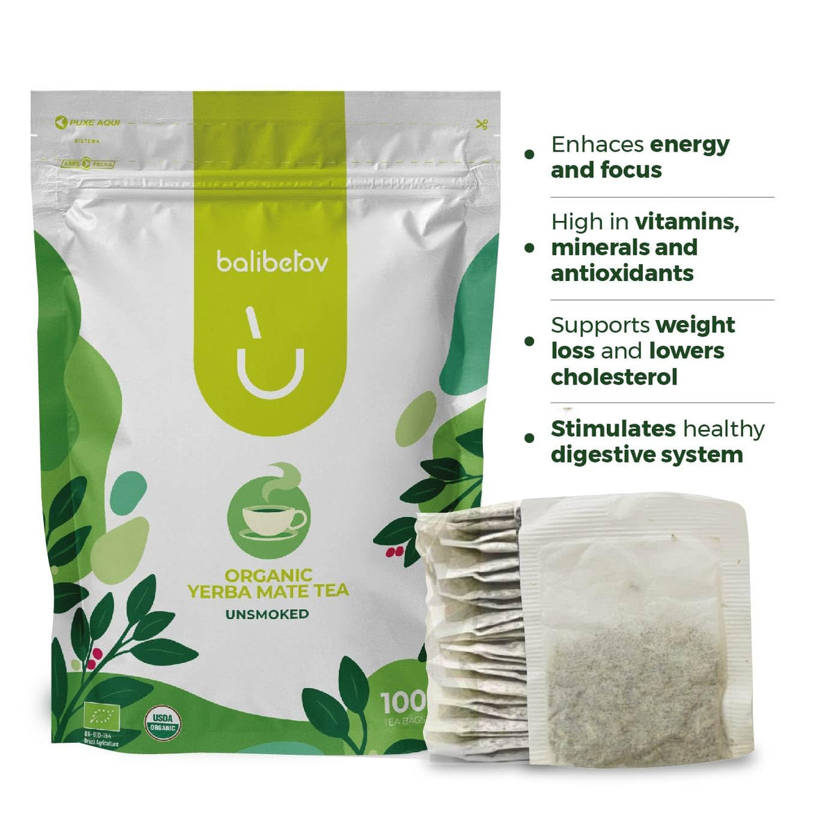 BALIBETOV Organic Unsmoked Yerba Mate Tea Bags – 100 Count, Clean Natural Energy, Gluten-Free & Vegan