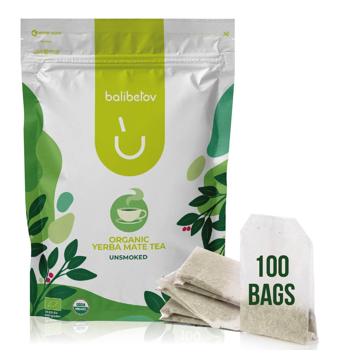 BALIBETOV Organic Unsmoked Yerba Mate Tea Bags – 100 Count, Clean Natural Energy, Gluten-Free & Vegan