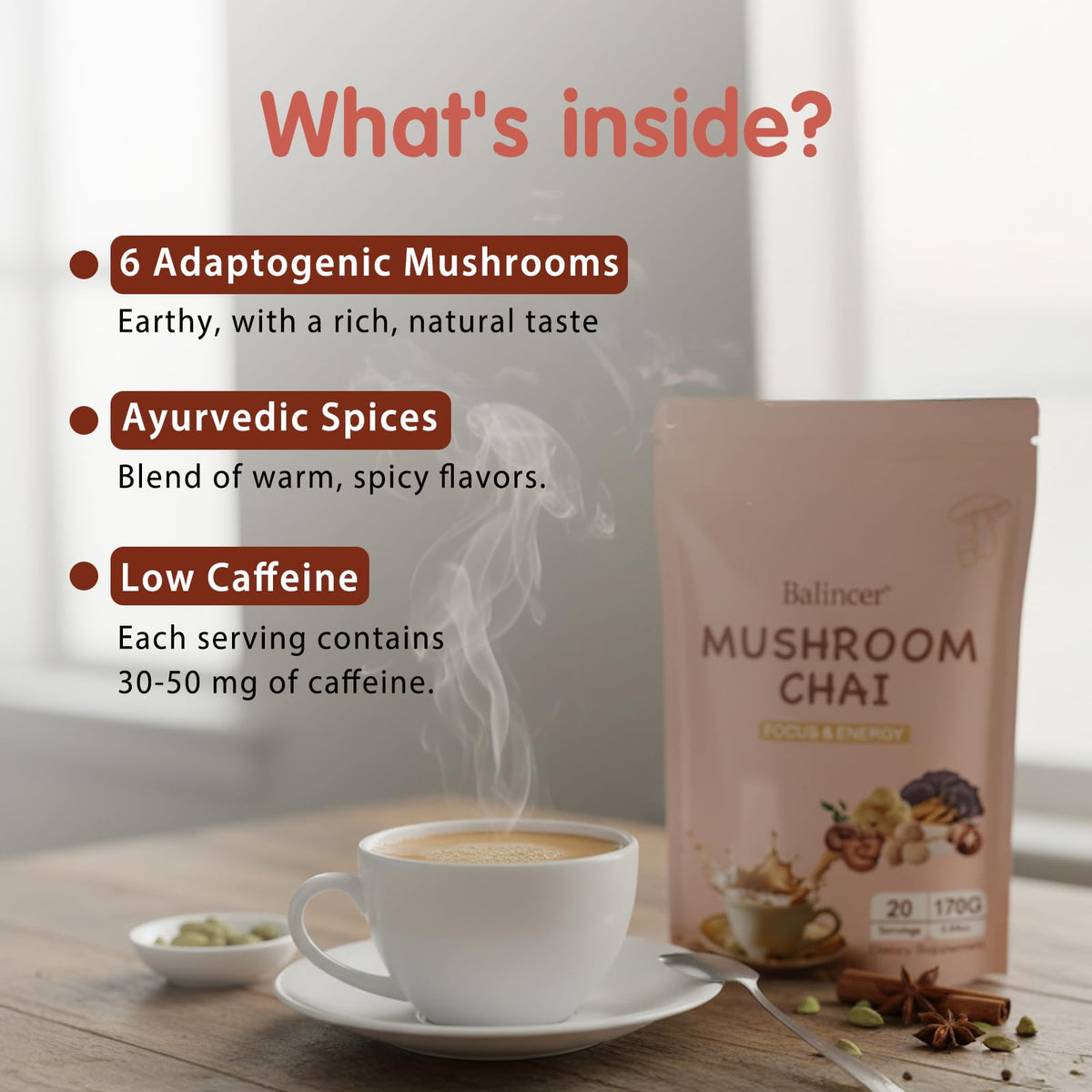 Balincer Mushroom Chai – 6 Adaptogenic Mushrooms with Ayurvedic Spices, 20 Servings