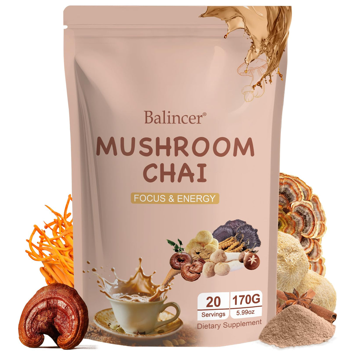 Balincer Mushroom Chai – 6 Adaptogenic Mushrooms with Ayurvedic Spices, 20 Servings
