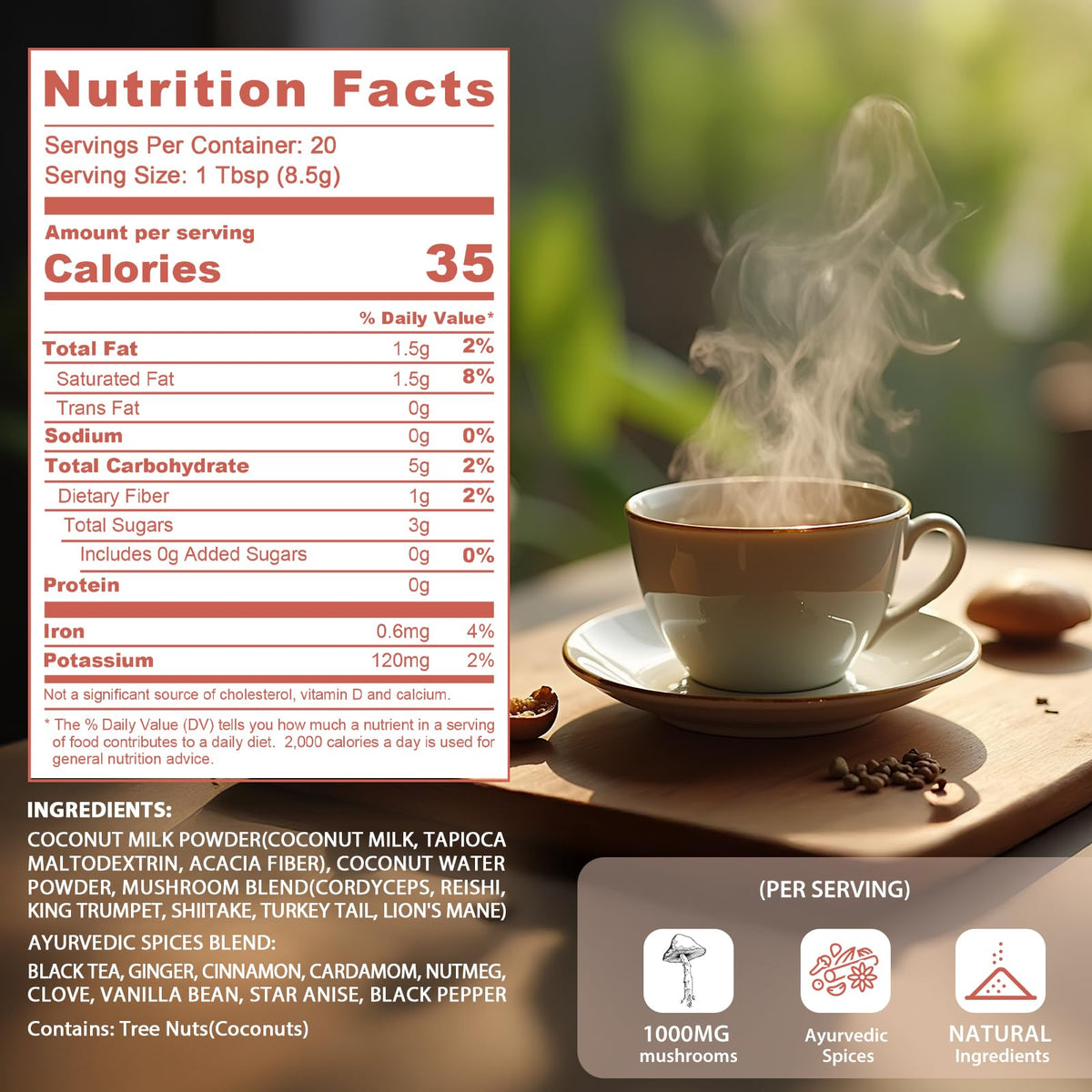 Balincer Mushroom Chai – 6 Adaptogenic Mushrooms with Ayurvedic Spices, 20 Servings