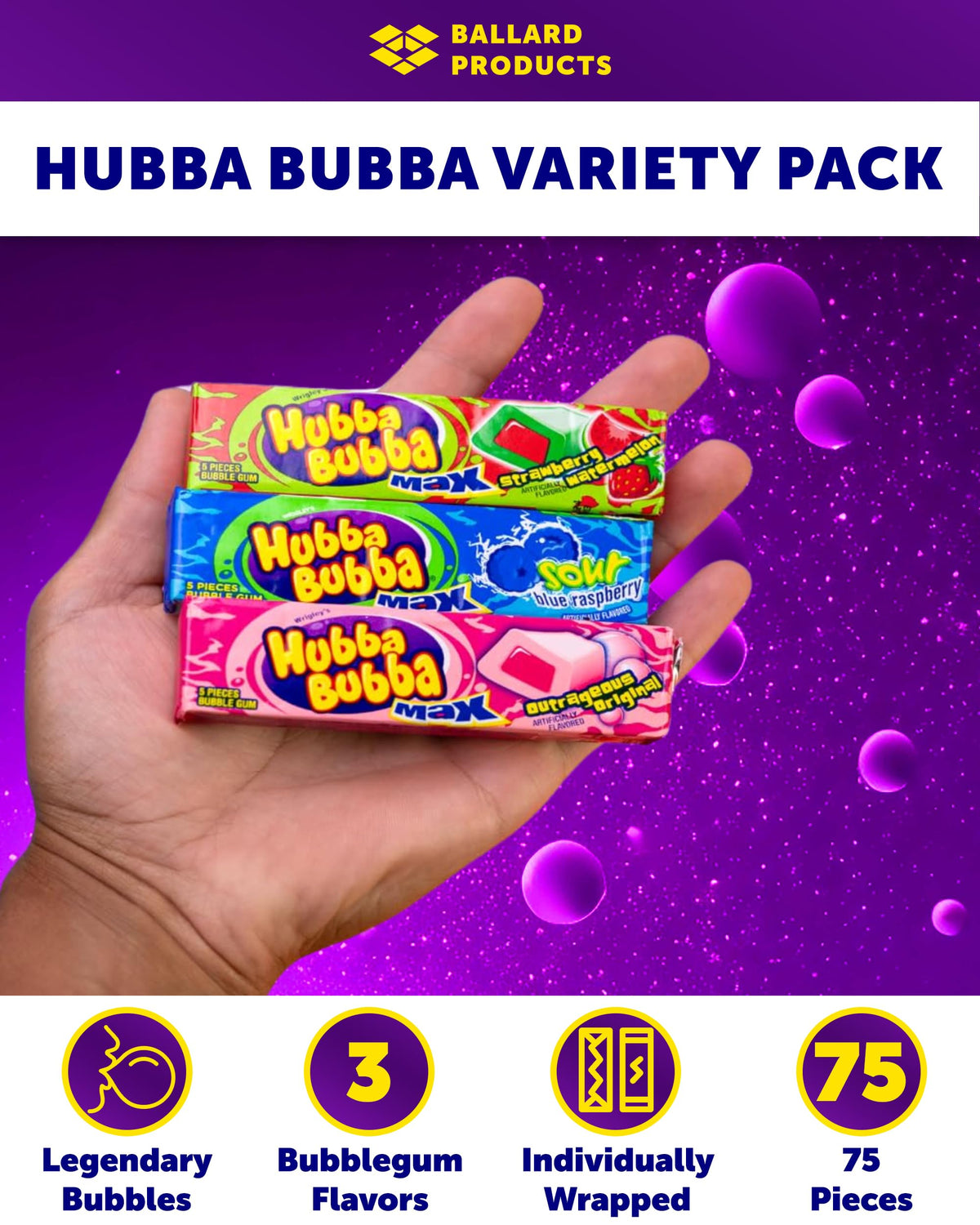 Hubba Bubba Bubble Gum Variety Pack (15) with Liquid Center — Ballard Pocket Bag Bundle | Ballard Products