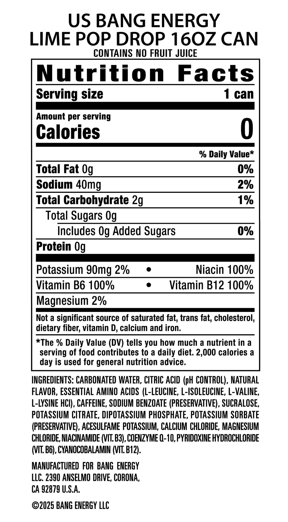 Bang Lime Pop Drop Energy Drink - Sugar-Free 16oz Pack of 12