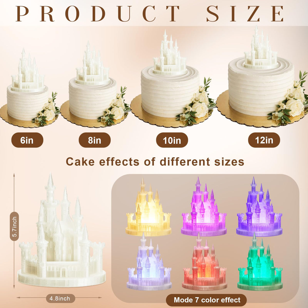 Baquler 4.8-Inch Castle Cake Topper with Colorful Light | USB Rechargeable Night Light