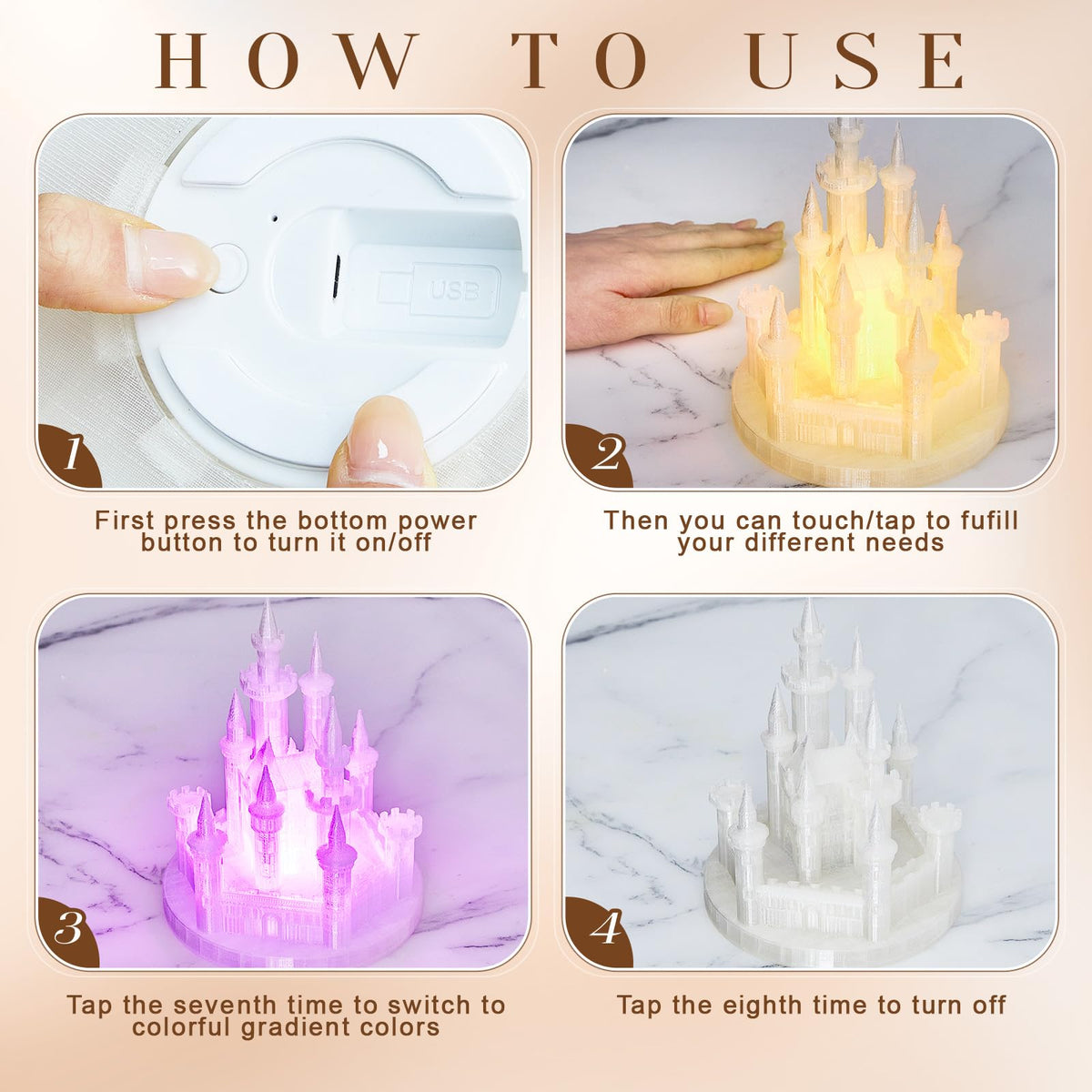 Baquler 4.8-Inch Castle Cake Topper with Colorful Light | USB Rechargeable Night Light