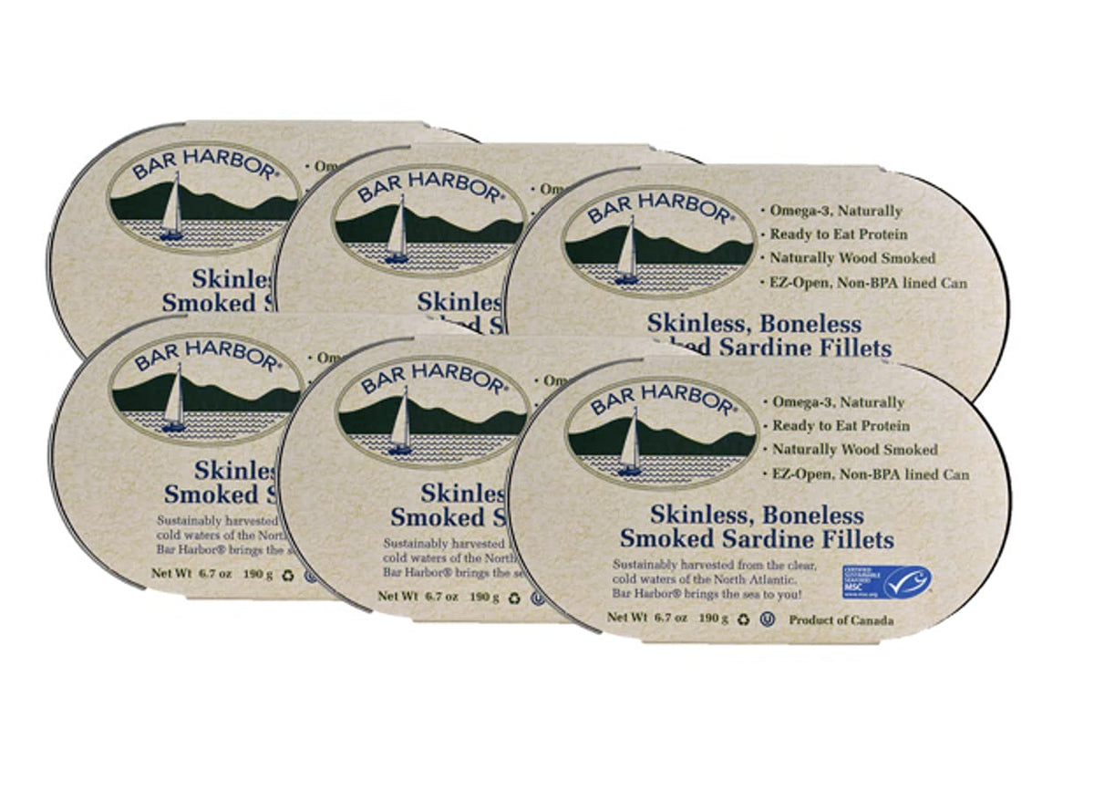 Bar Harbor Skinless & Boneless Smoked Sardine Fillets, 6.7 oz (190 g) – Pack of 6 | Wood-Smoked | High-Protein | Latvia