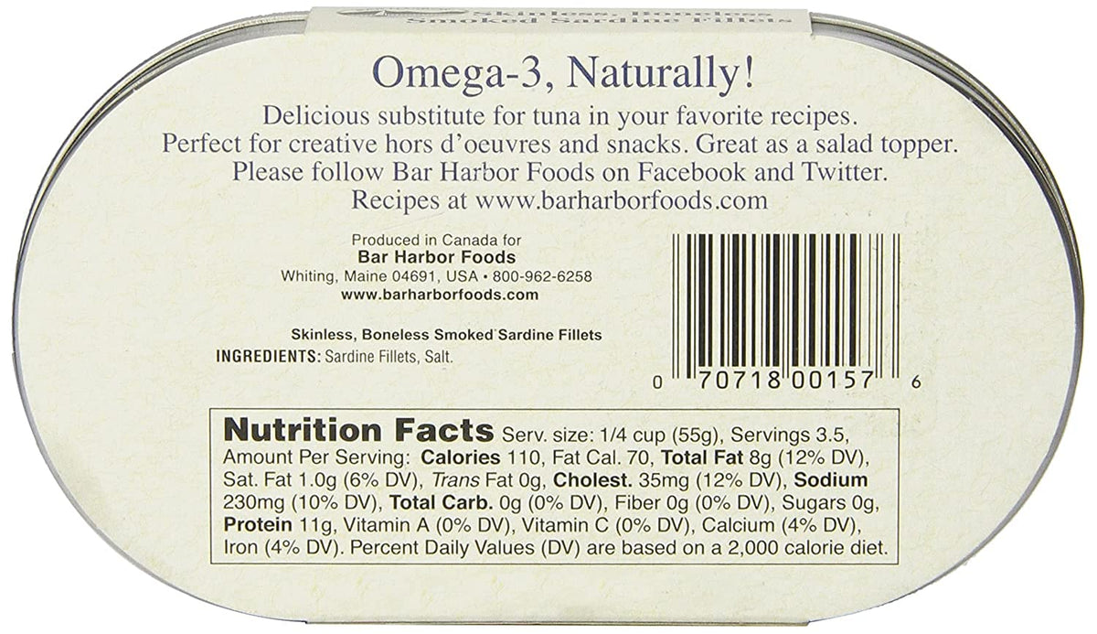 Bar Harbor Skinless & Boneless Smoked Sardine Fillets, 6.7 oz (190 g) – Pack of 6 | Wood-Smoked | High-Protein | Latvia