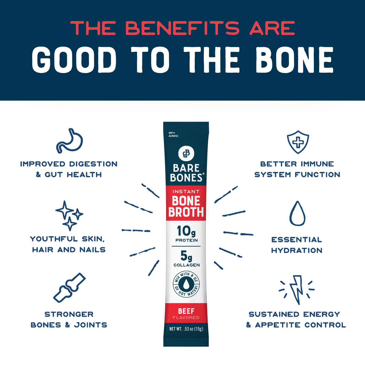 Bare Bones Beef Bone Broth Instant Packets – 5g Collagen, 10g Protein, Keto & Paleo Friendly | 16 Pack