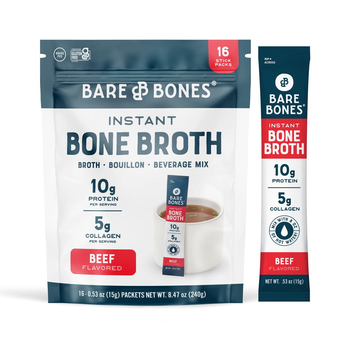 Bare Bones Beef Bone Broth Instant Packets – 5g Collagen, 10g Protein, Keto & Paleo Friendly | 16 Pack