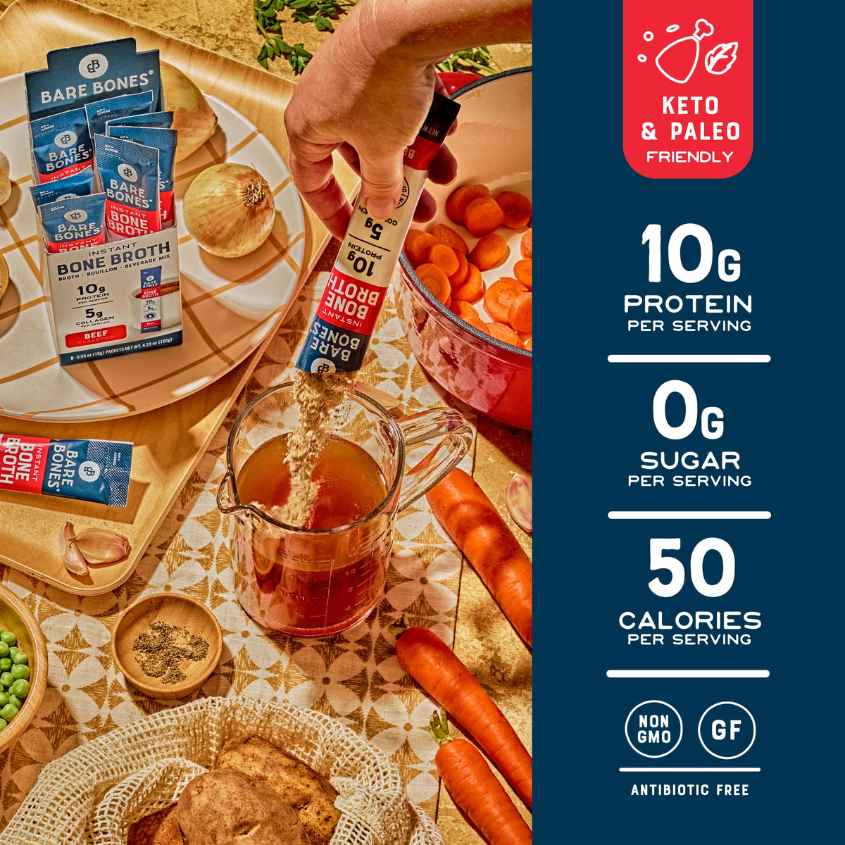 Bare Bones Beef Bone Broth Instant Packets – 5g Collagen, 10g Protein, Keto & Paleo Friendly | 16 Pack